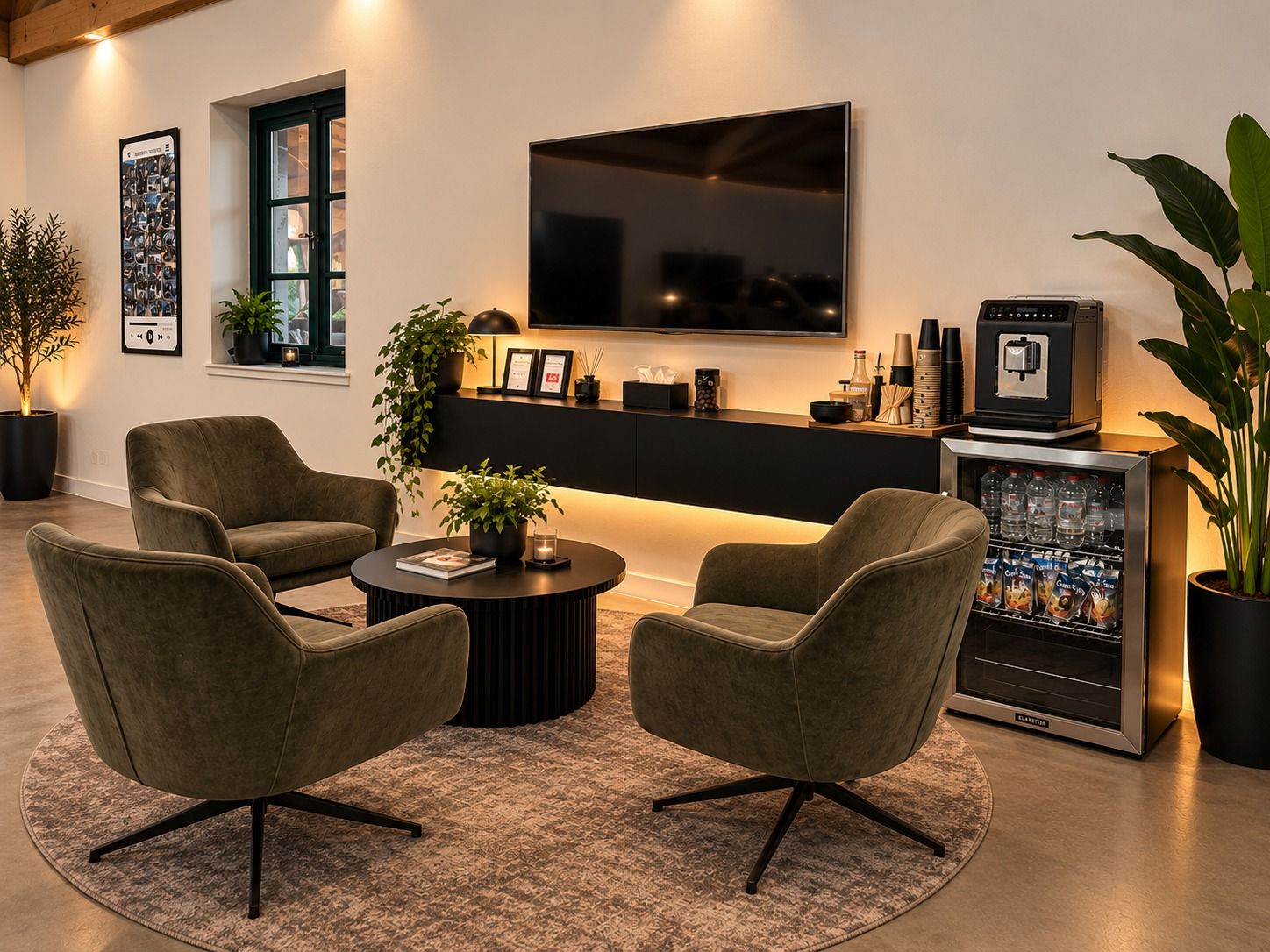 Wartebereich von Hamburg Motors mit Sesseln, Fernseher, Kaffeemaschine und Getränkekühlschrank